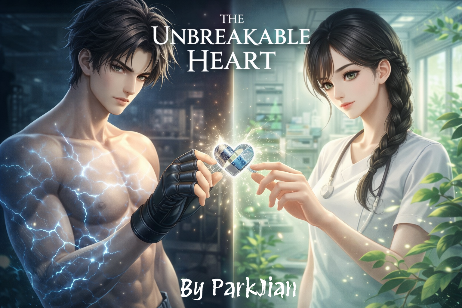 A complete novel cover showing a stylish anime fighter and a calm therapist