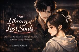 The Library of Lost Souls fantasy romance novel cover with floating candles and glowing books