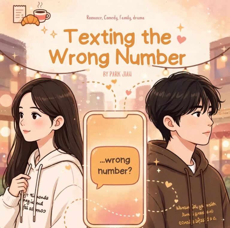Wrong number romance webnovel poster with glowing phone text bubble between a man and woman