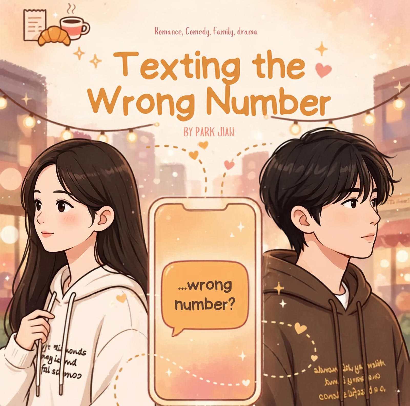 Wrong number romance webnovel poster with glowing phone text bubble between a man and woman